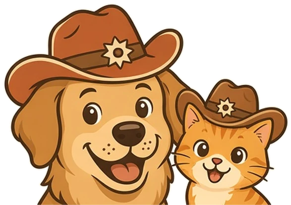 Barkspur's mascots: a smiling golden dog and an orange tabby cat in cowboy hats
