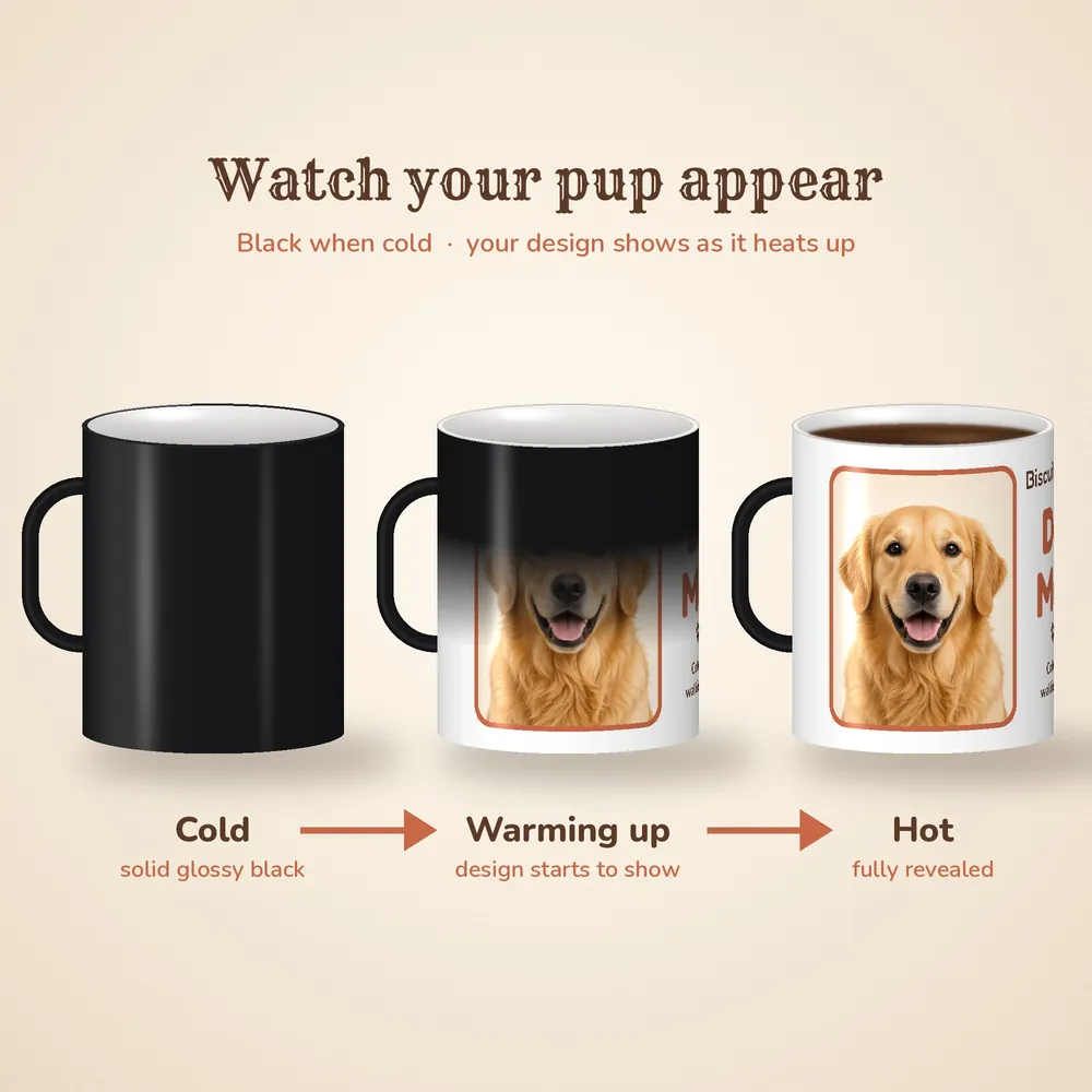 Three mugs showing the color change: solid black when cold, the design starting to show while warming up, fully revealed when hot