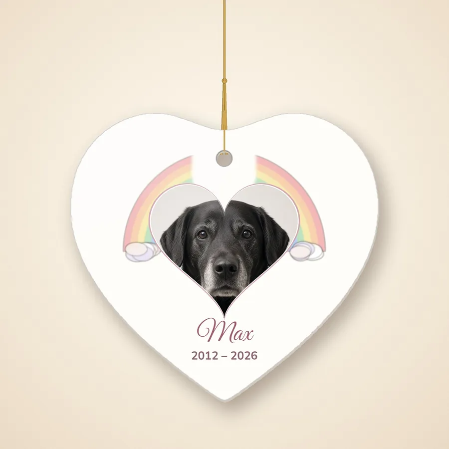 Rainbow Bridge memorial heart ornament with a dog's photo, name, and years