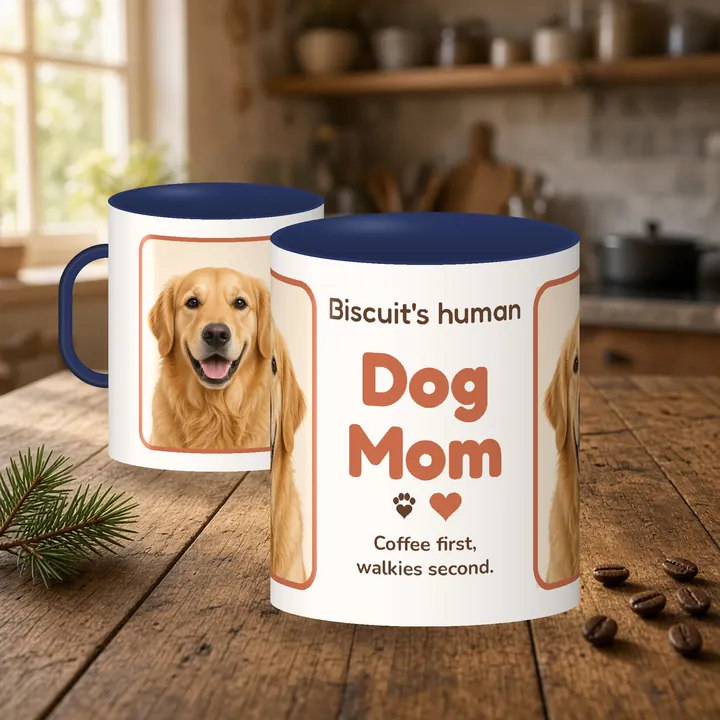 Dog Mom mug with a navy blue handle and inside, showing a golden retriever photo
